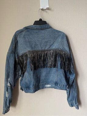 Studded Fringe Denim Jacket - Blue